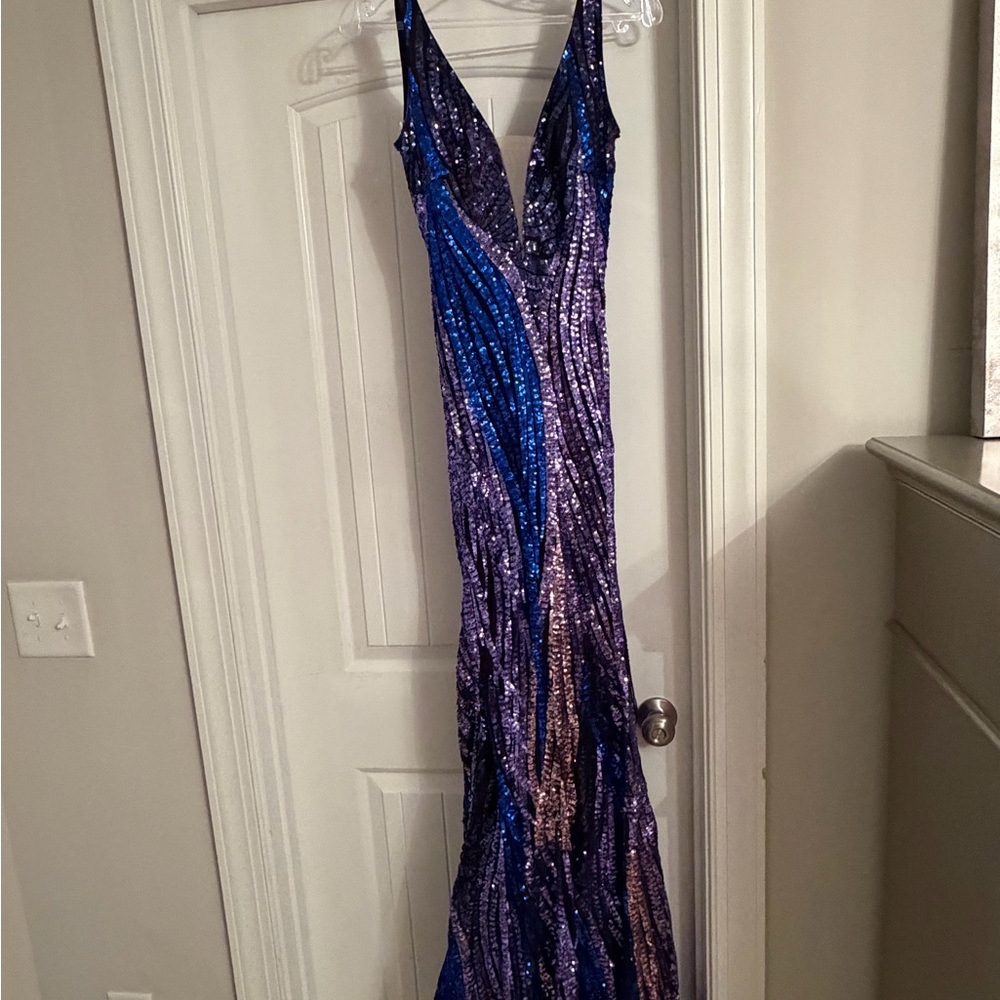 Jovani Blue and Purple Sequin Prom Dress